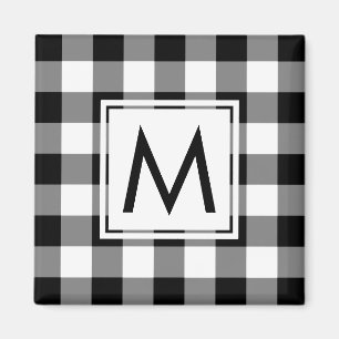 Modern Black and White Plaid Pattern with Monogram Magnet