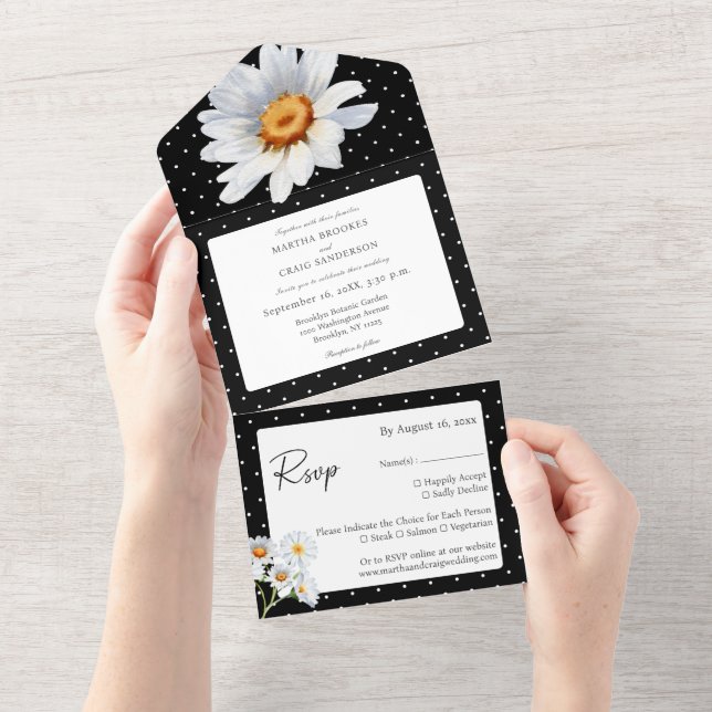 Modern Black and White Polka Dot Floral All In One Invitation (Tearaway)
