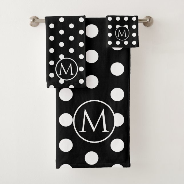 Modern Black and White Polka Dots Monogram Bath Towel Set (Insitu)