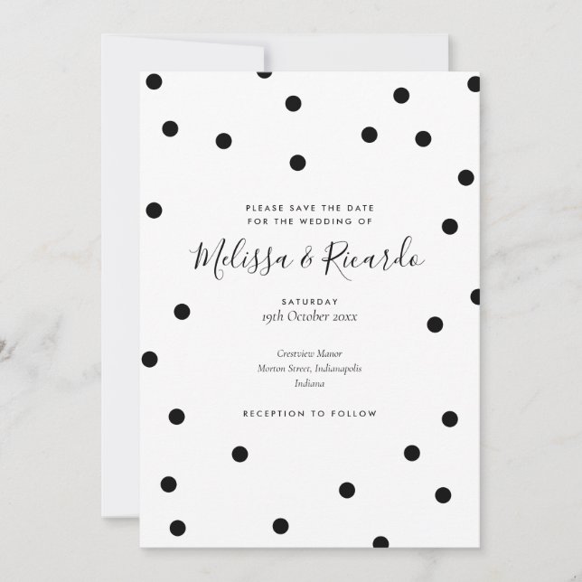 Modern Black and White Polka Dots Save the Date (Front)