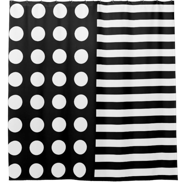 Modern Black And White Polka Dots Stripes Shower Curtain (Front)