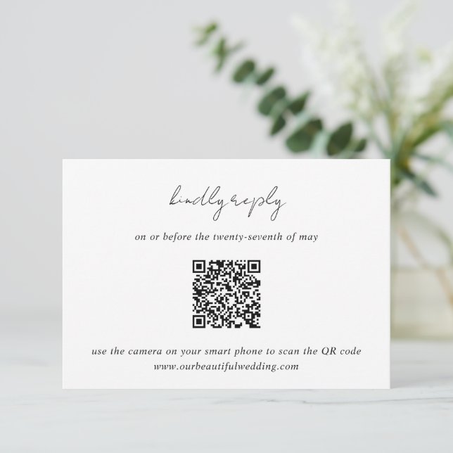 Modern Black and White QR Code Minimalist Wedding RSVP Card (Standing Front)
