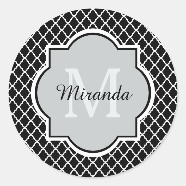 Modern Black and White Quatrefoil Monogrammed Name Classic Round Sticker (Front)