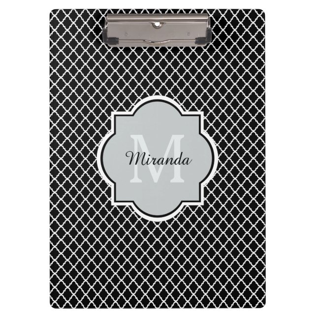 Modern Black and White Quatrefoil Monogrammed Name Clipboard (Front)