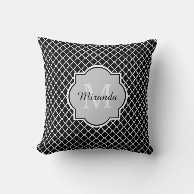 Modern Black and White Quatrefoil Monogrammed Name Cushion (Front)