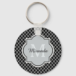 Modern Black and White Quatrefoil Monogrammed Name Key Ring