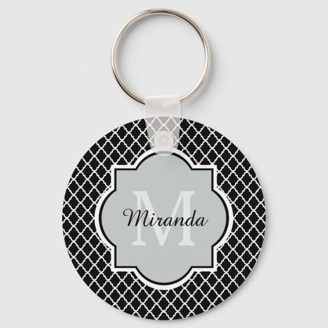 Modern Black and White Quatrefoil Monogrammed Name Key Ring (Front)