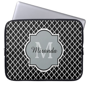 Modern Black and White Quatrefoil Monogrammed Name Laptop Sleeve