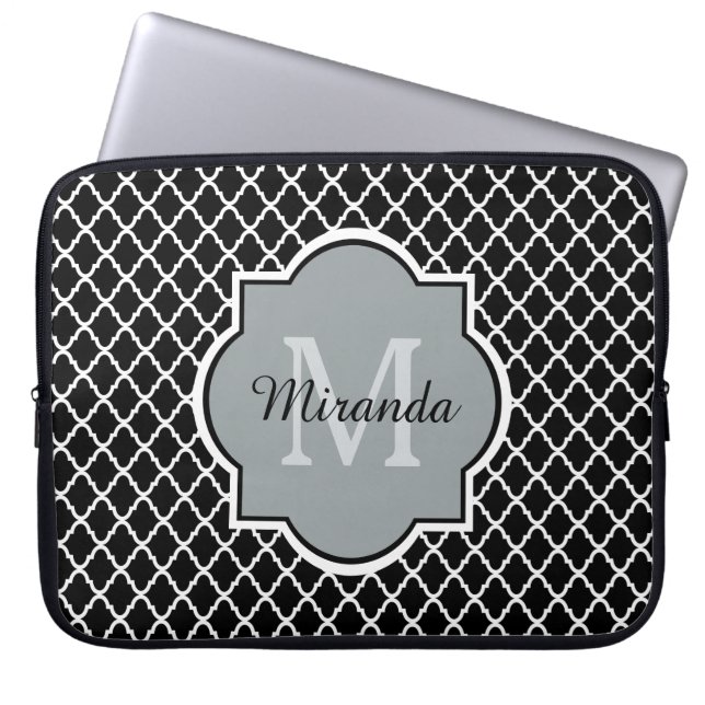 Modern Black and White Quatrefoil Monogrammed Name Laptop Sleeve (Front)