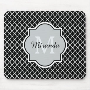 Modern Black and White Quatrefoil Monogrammed Name Mouse Pad