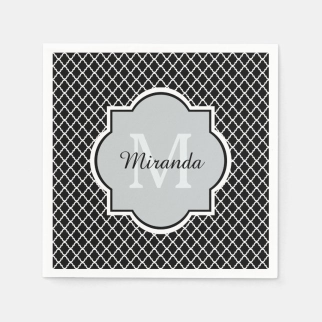 Modern Black and White Quatrefoil Monogrammed Name Napkin (Front)