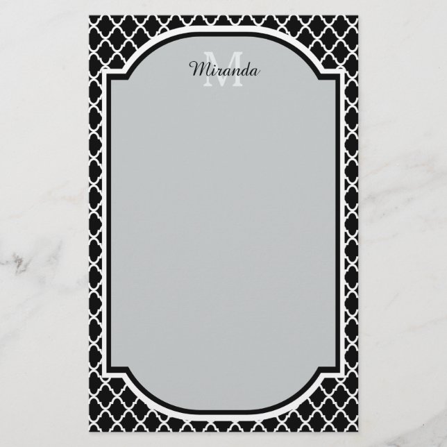 Modern Black and White Quatrefoil Monogrammed Name Stationery (Front)