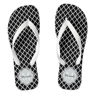Modern Black and White Quatrefoil Monogrammed Name Thongs