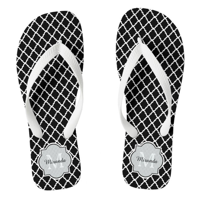 Modern Black and White Quatrefoil Monogrammed Name Thongs (Footbed)
