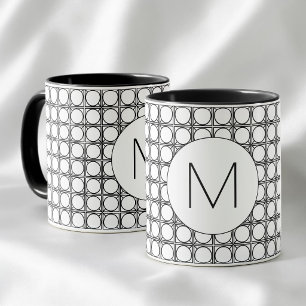 Modern Black and White Rattan Pattern Monogram Mug