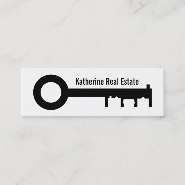 Modern Black and White Real Estate Key Logo Mini Business Card (Front)