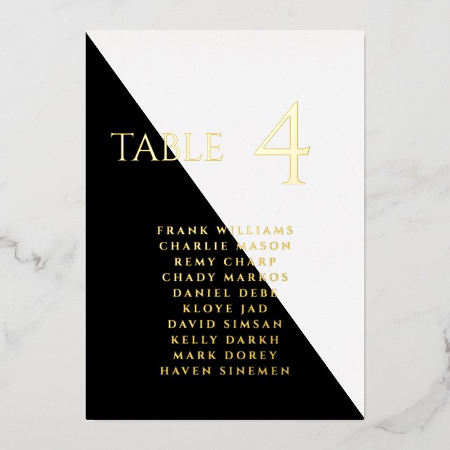 Modern Black and White Real Foil Table Card (Front)