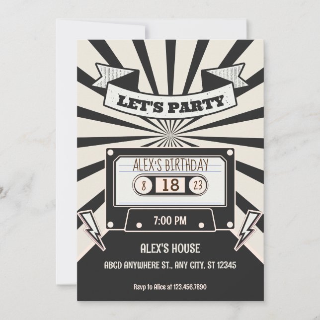 Modern Black and White Retro music party Invitation (Front)