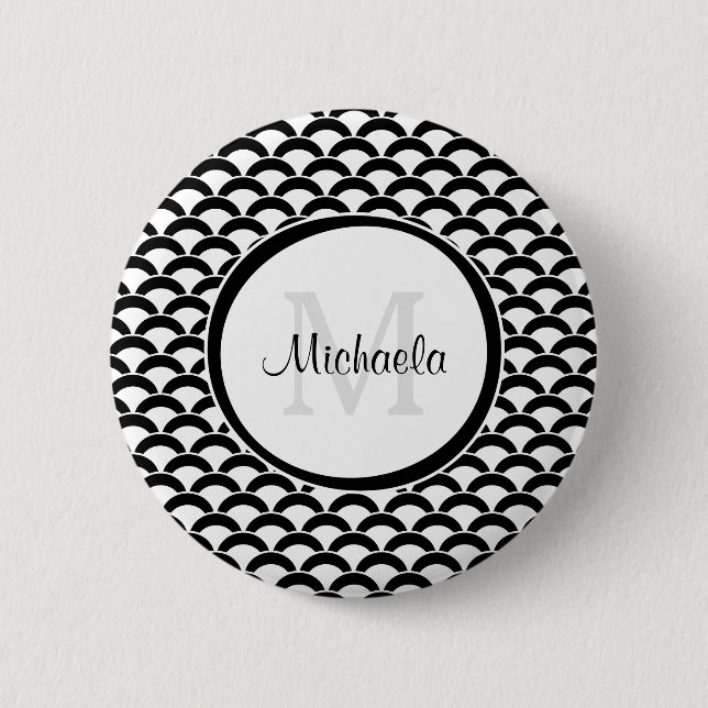 Modern Black and White Scallops Monogram and Name 6 Cm Round Badge (Front)