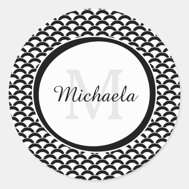 Modern Black and White Scallops Monogram and Name Classic Round Sticker (Front)