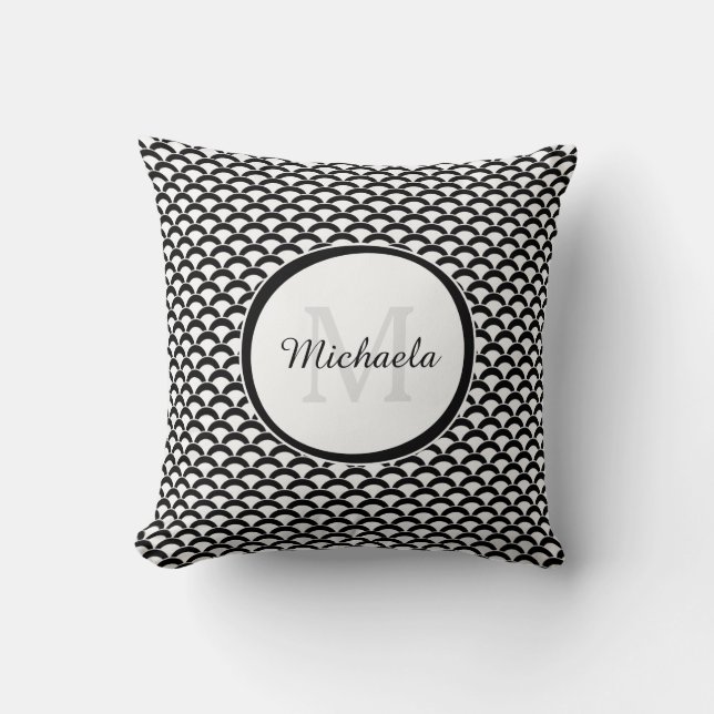 Modern Black and White Scallops Monogram and Name Cushion (Front)