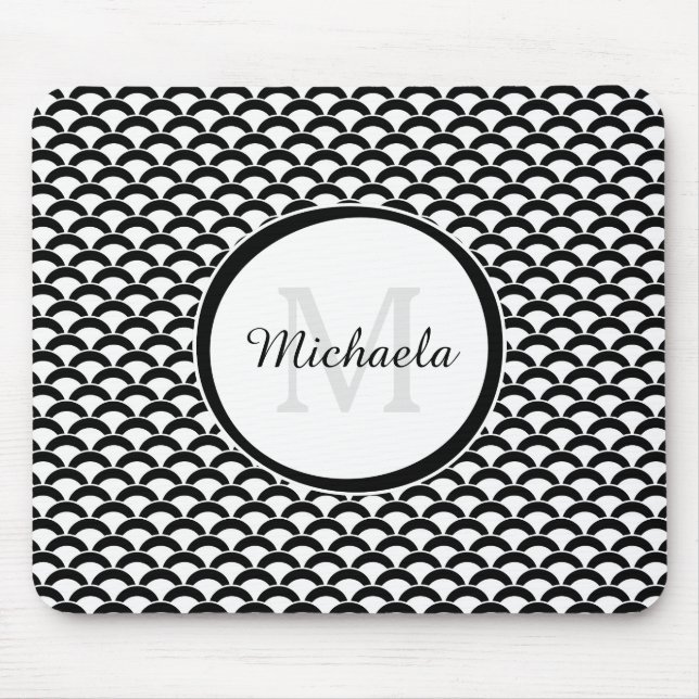 Modern Black and White Scallops Monogram and Name Mouse Pad (Front)