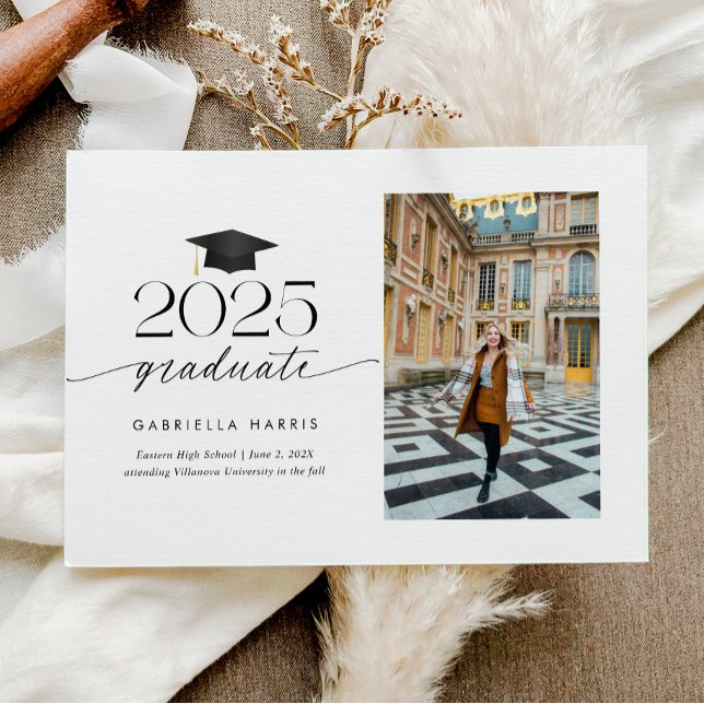Modern Black and White Script 1 Photo Graduation Announcement (Modern Black and White Script 1 Photo Graduation Announcement)