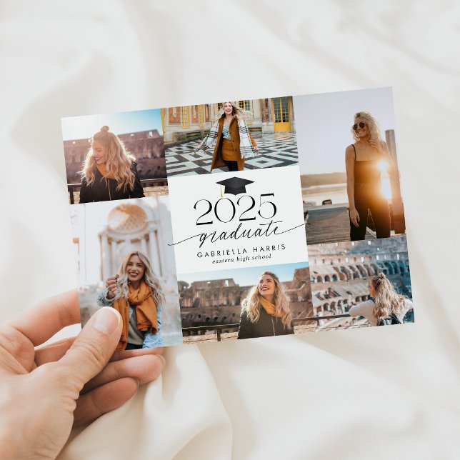 Modern Black and White Script Collage Graduation Announcement (Modern Black and White Script Collage Graduation Announcement)