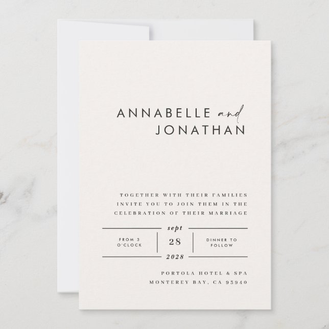 Modern black and white script contemporary wedding invitation (Front)