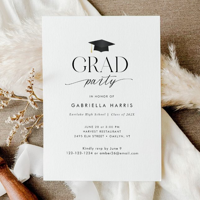 Modern Black and White Script Grad Party Photo Invitation (Modern Black and White Script Grad Party Invitation)