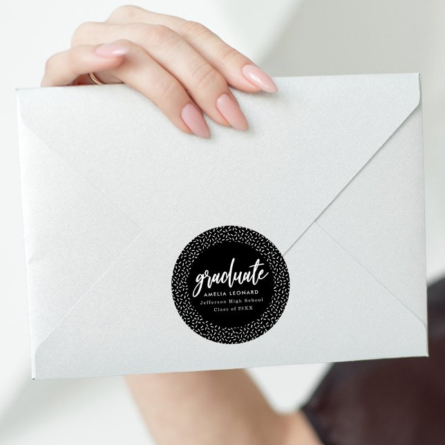 Modern Black and White Script Graduation Classic Round Sticker (Creator Uploaded)