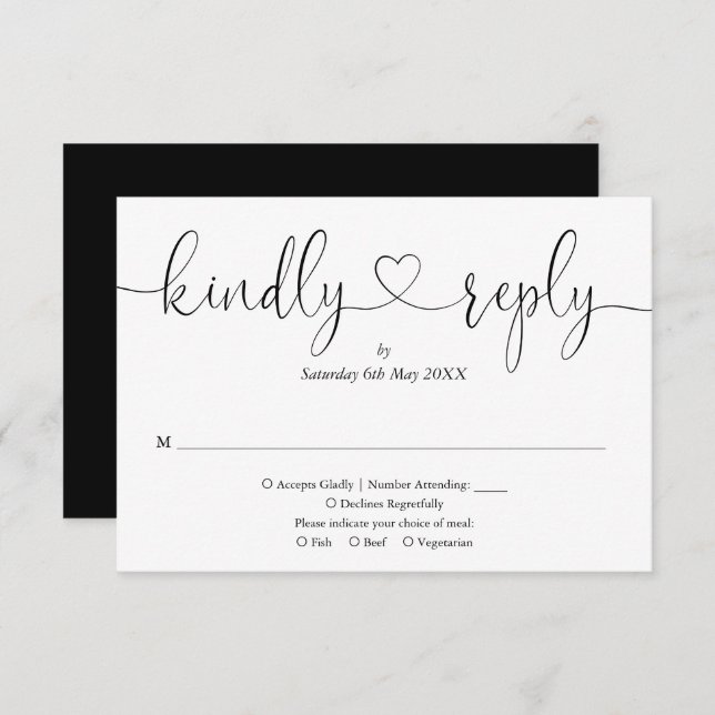 Modern Black And White Script Heart Kindly Reply RSVP Card (Front/Back)