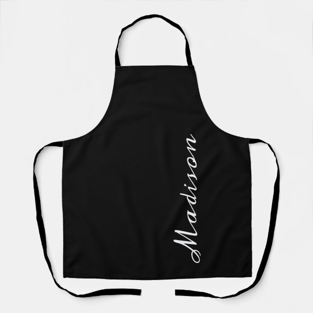 Modern Black and White Script Personalised Name Apron (Front)