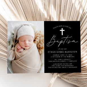 Modern Black and White Script Photo Baptism Invitation