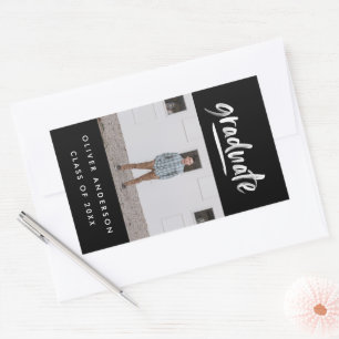 Modern black and white script photo graduation rectangular sticker