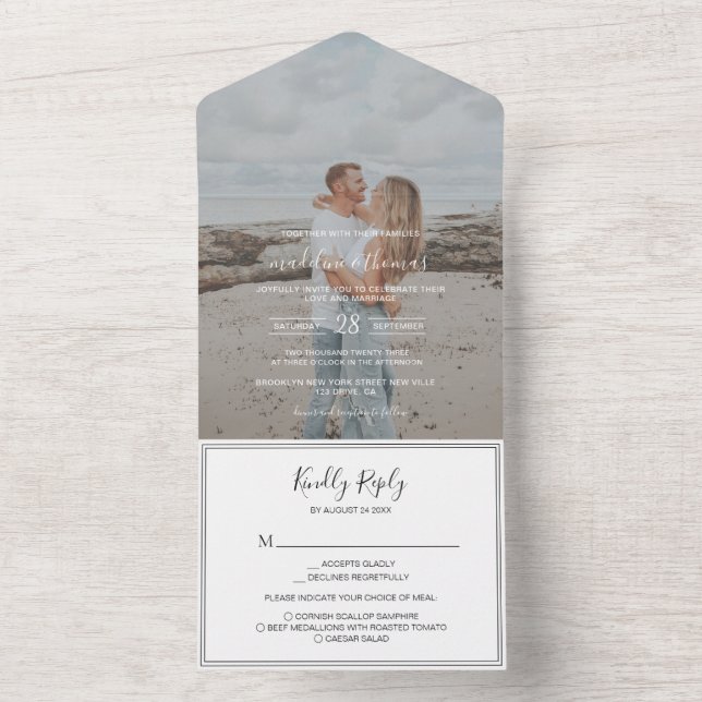 Modern Black and White Script Photo RSVP Wedding All In One Invitation (Inside)