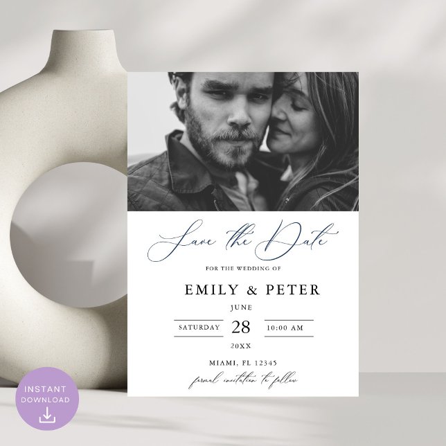 Modern Black and White Script Photo Save the Date Invitation (Creator Uploaded)