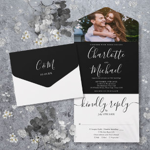 Modern Black And White Script Photo Wedding All In One Invitation
