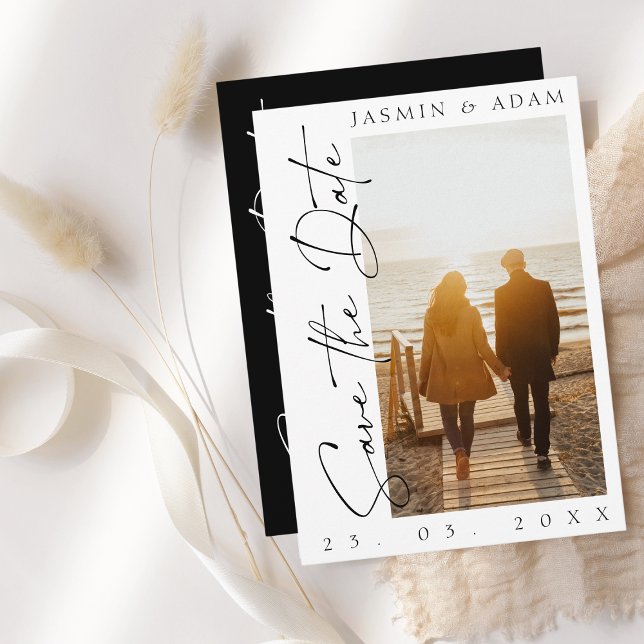 Modern Black and White Script Photo Wedding Save The Date (Creator Uploaded)