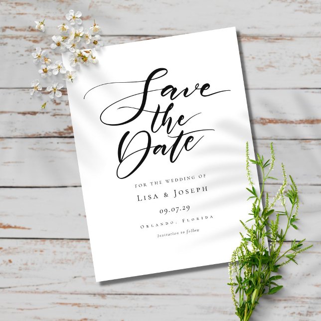 Modern Black and White Script Save the Date Announcement Postcard (Creator Uploaded)
