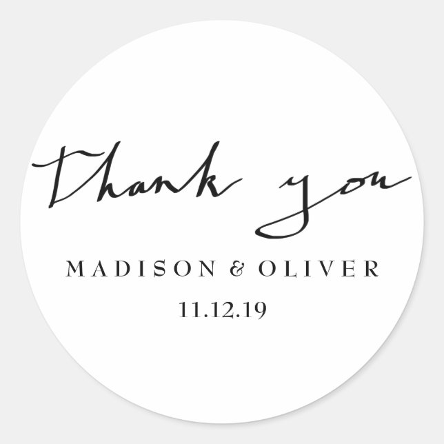 Modern Black And White Script Thank You Wedding Classic Round Sticker (Front)