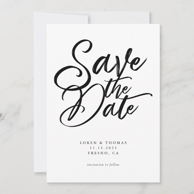 Modern Black and White Script Wedding Save The Date (Front)