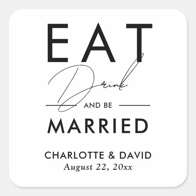 Modern Black and White Script Wedding Square Sticker (Front)