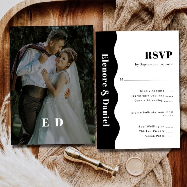 Modern Black and White Side Wave Photo Wedding RSVP Card (Modern Black and White Side Wave Photo Wedding RSVP Card)