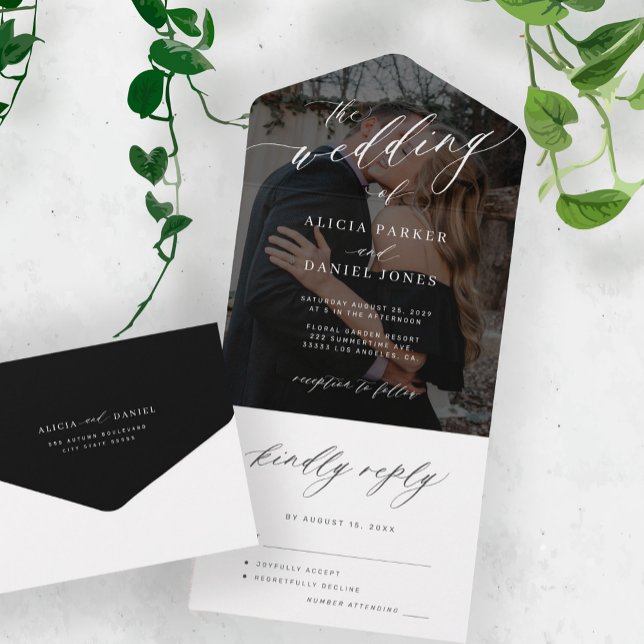 Modern black and white simple elegant script photo all in one invitation (Creator Uploaded)