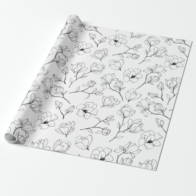 Modern Black and White Sketched Floral Wrapping Paper (Unrolled)
