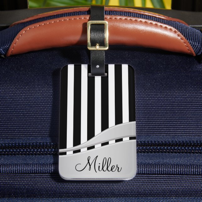 Modern Black and White Stripe Monogrammed Luggage Tag (Front Insitu 2)