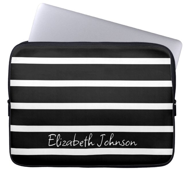 Modern Black and White Stripe Personalised Laptop Sleeve (Front)