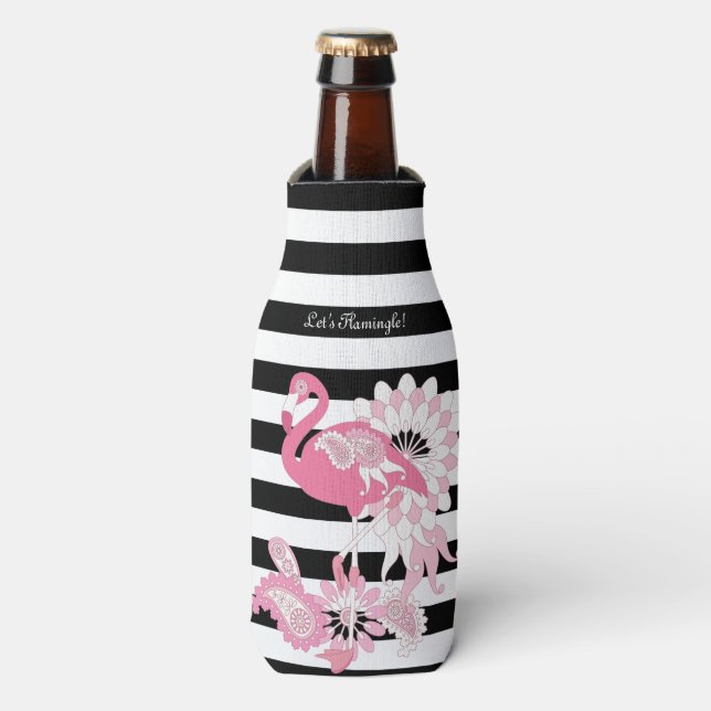 Modern Black and White Stripe Pink Flamingo Bottle Cooler (Bottle Front)
