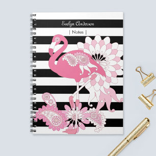Modern Black and White Stripe Pink Flamingo Notebook